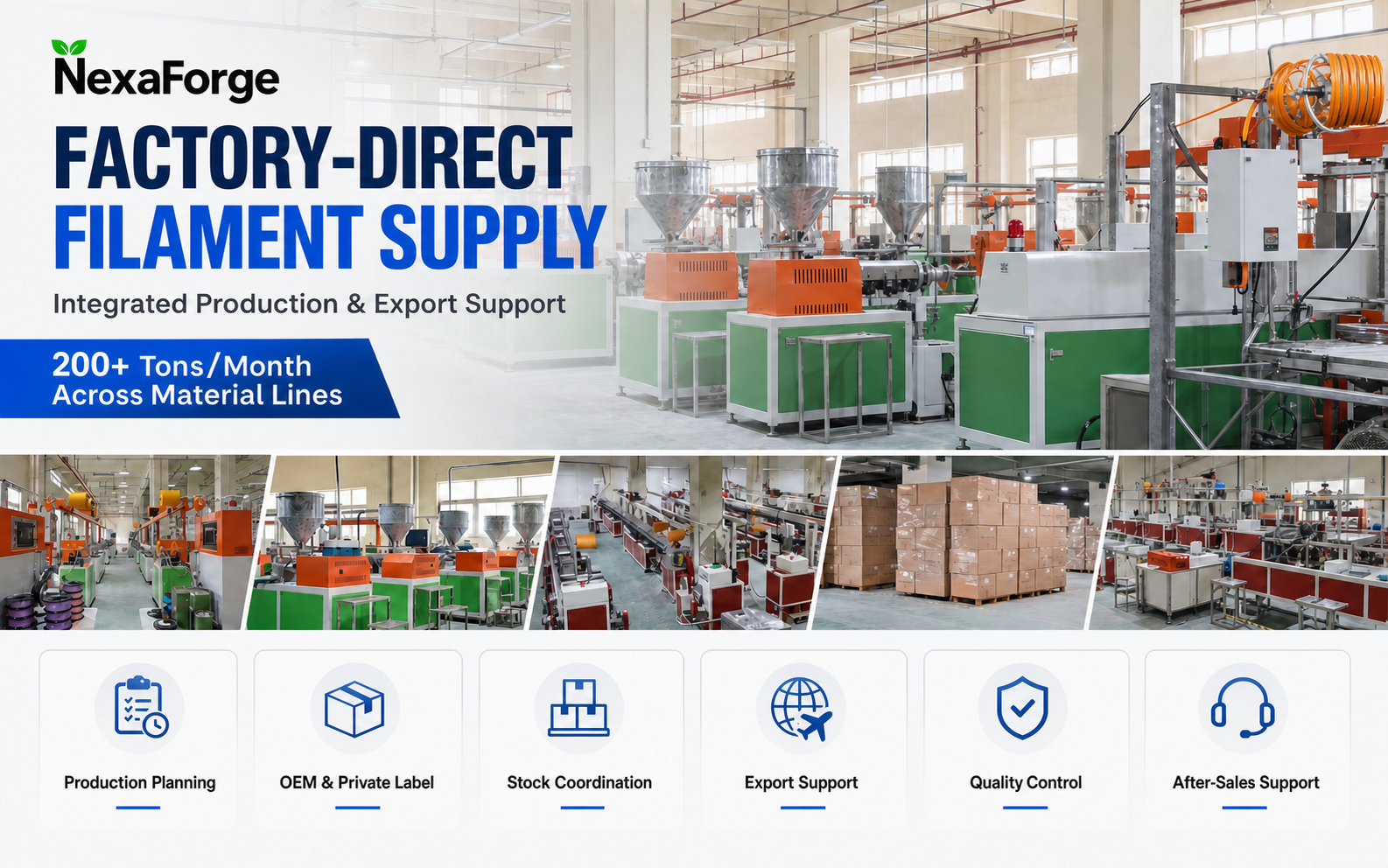 NexaForge factory-direct filament production and export support