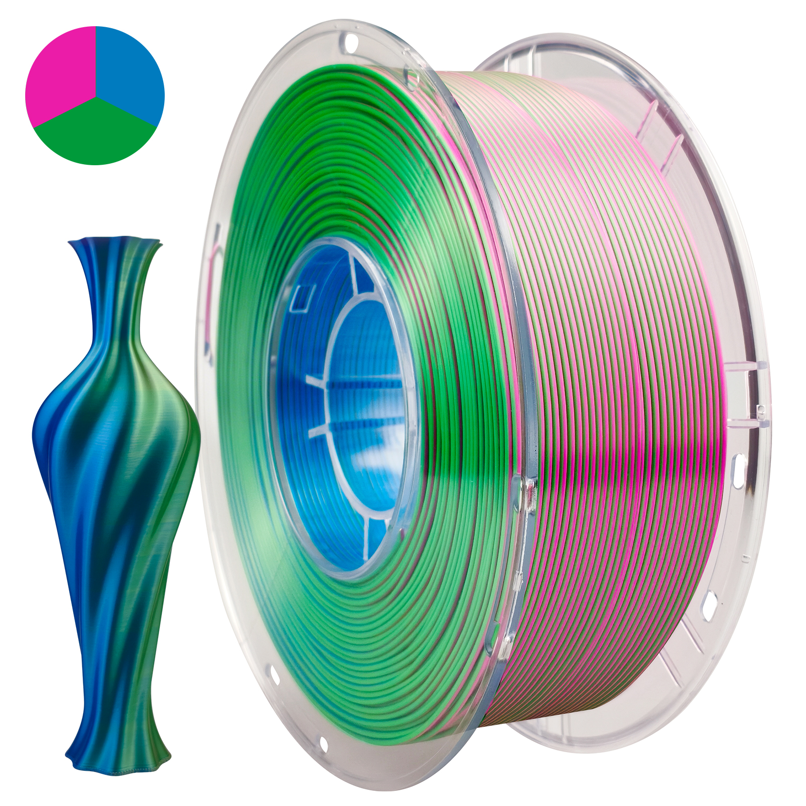 PLA Silk tricolor rosa intenso/azul-claro/verde-claro, código WA-SILKT18
