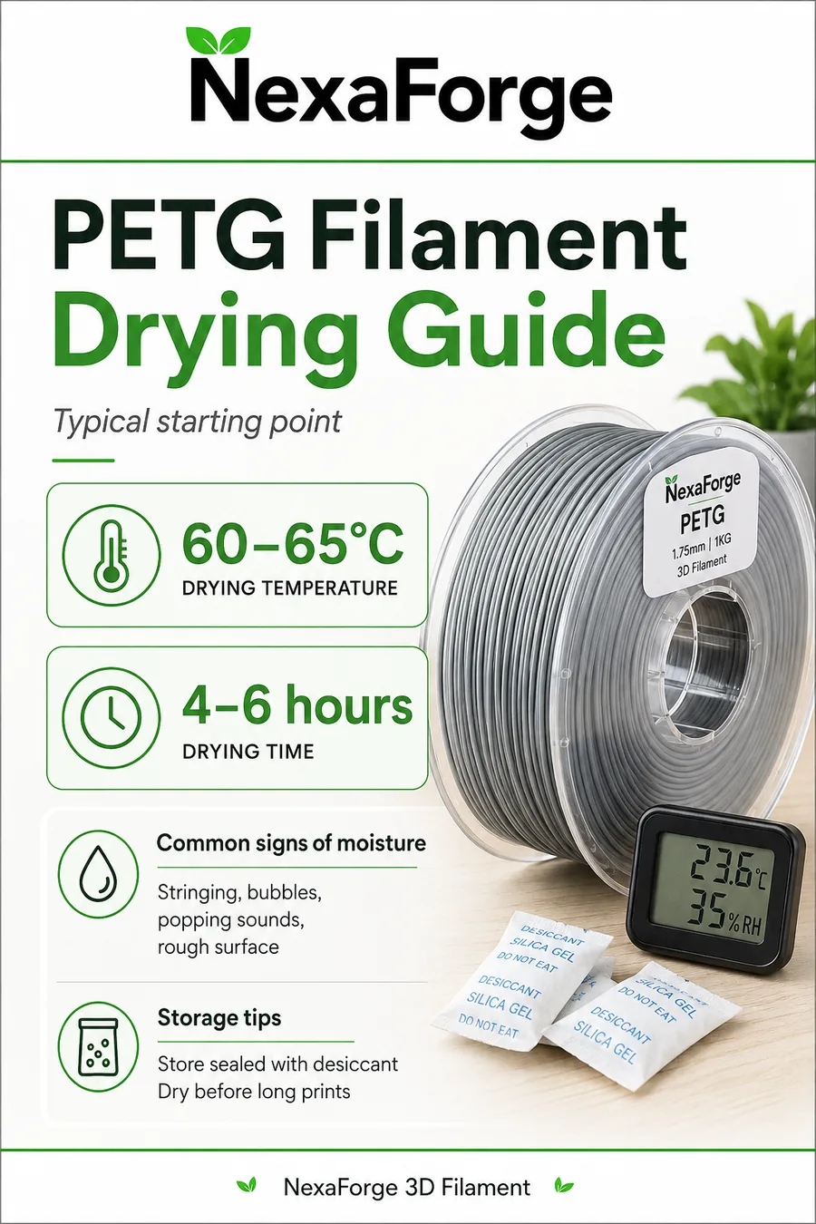 PETG filament drying temperature and time guide by NexaForge