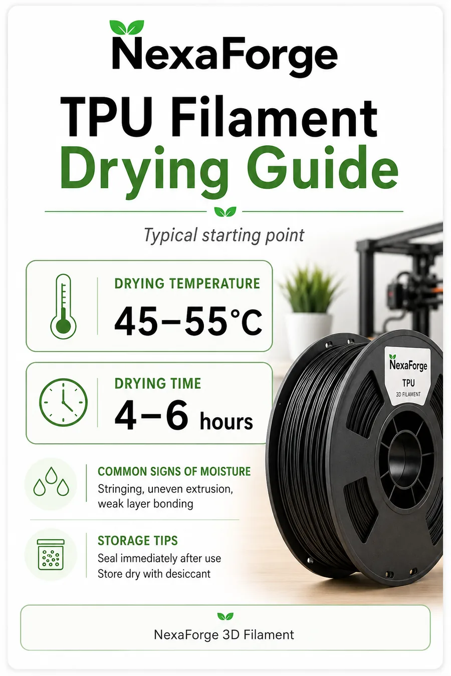 TPU filament drying temperature and time guide by NexaForge