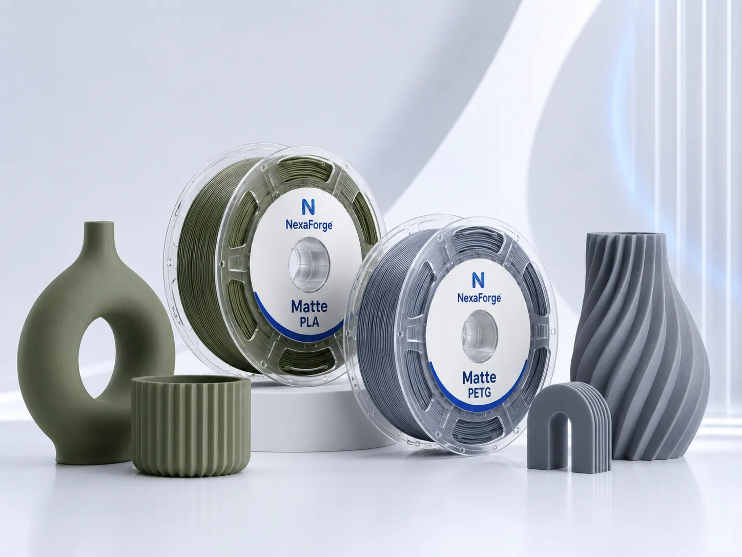 Matte PLA Filament spool and printed application
