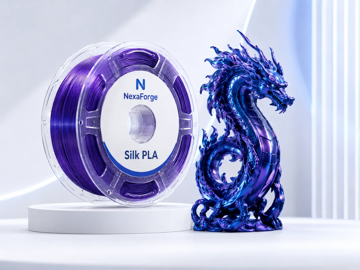 Silk PLA Filament spool and printed application