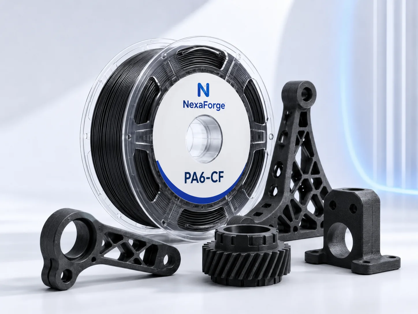PA6-CF Nylon Carbon Fiber Filament spool and printed application